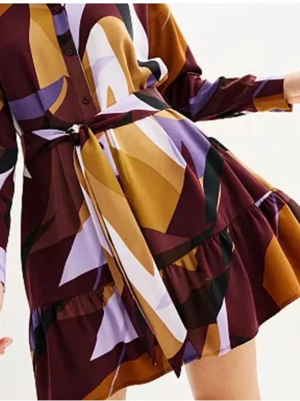 Nine West Ruffle Print Shirtdress in Burgundy & Mustard multicolor - Picture 4 of 6